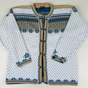 SKJAEVELAND Norway Nordic Cardigan SWEATER Large blue white Cotton Traditional